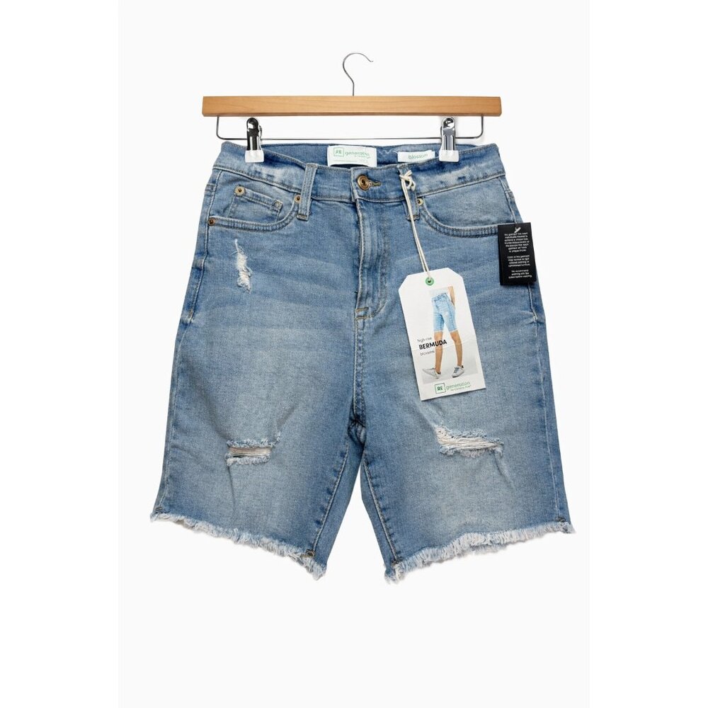 RE Generation Women Blue Denim Bermuda High Rise Distressed Casual Shorts 3/26